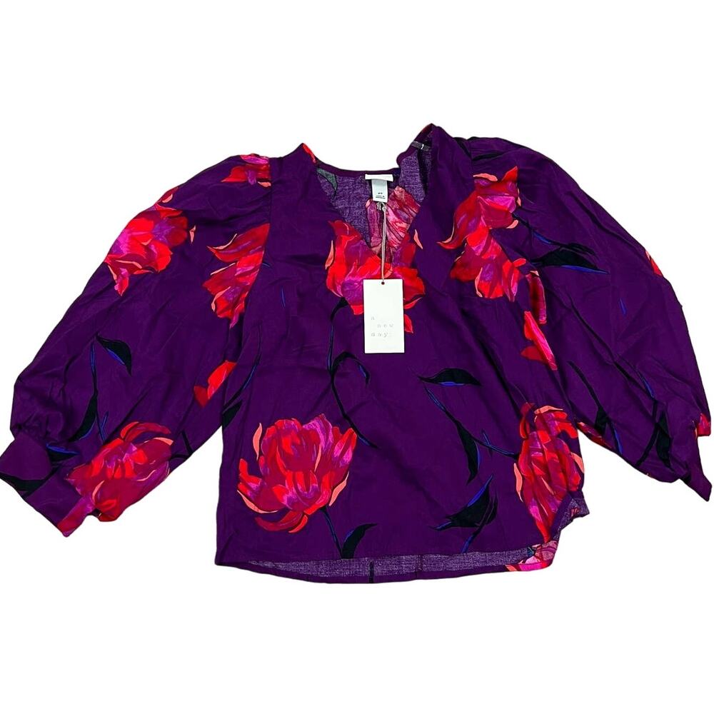A New Day Women's Floral Print Purple Bishop Long Sleeve Top - Size XS - NWT